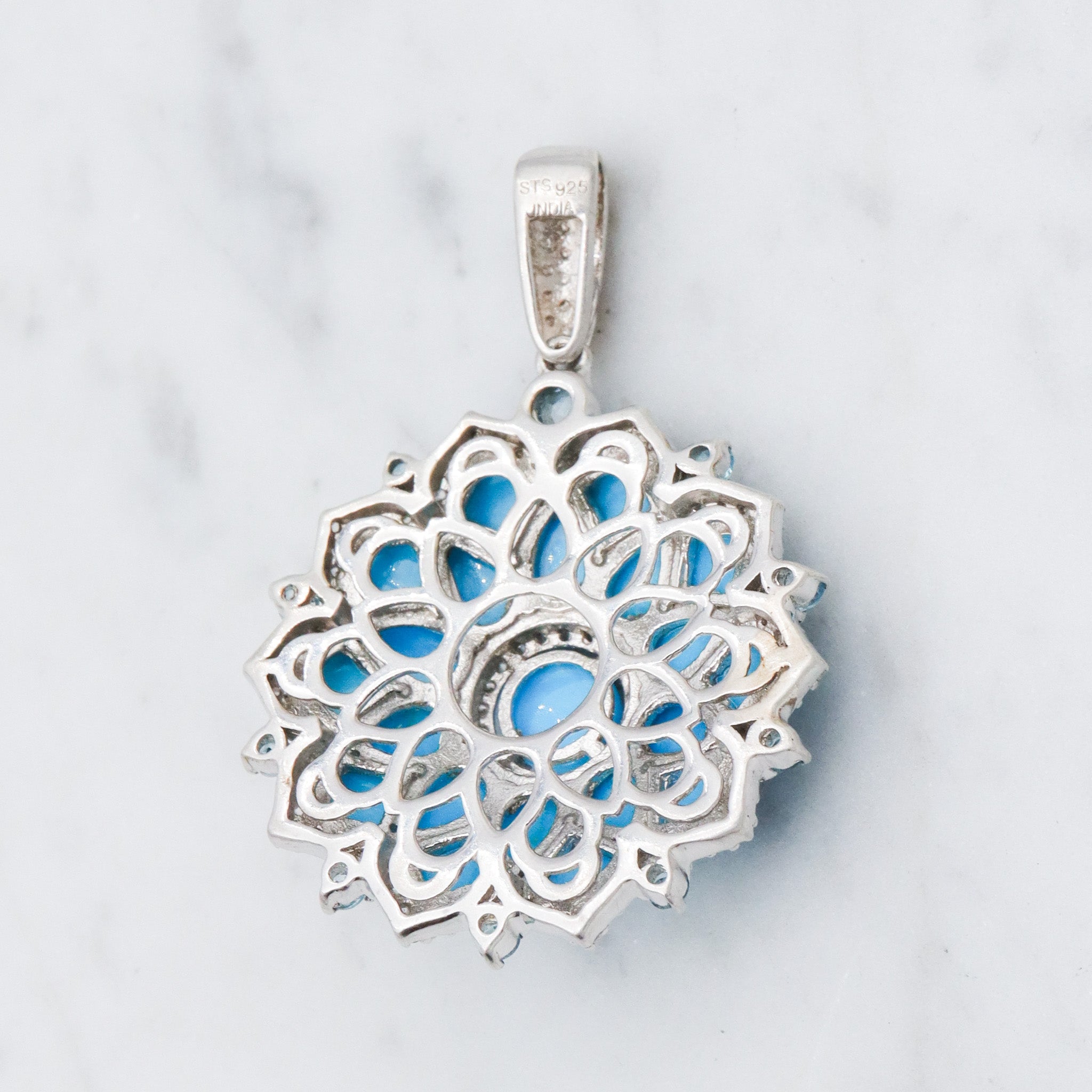 Vintage sterling silver turquoise, blue topaz, & zircon mandala pendant